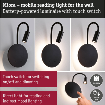 Sienas akumulatora lampas Miora ar sensoru, melna